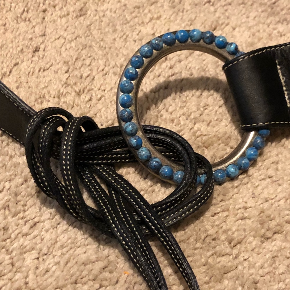 Turquoise buckle & black leather belt, size medium